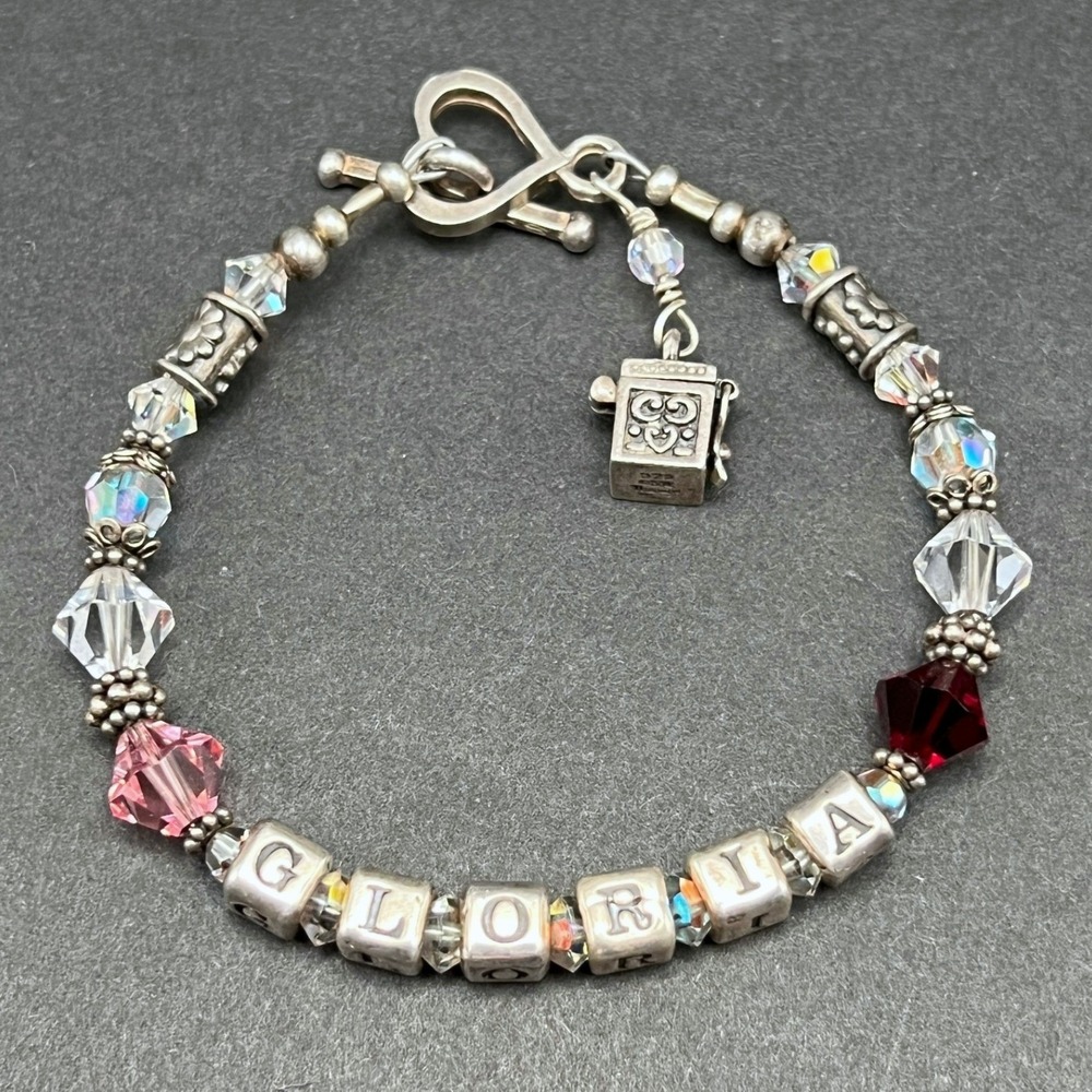 Sterling Silver Box Charm Bracelet "Gloria" Beaded Crystals Heart Toggle 6.5"